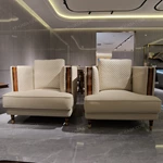 Light Beige Leather Sofa Set with Diamond Quilted Craftsmanship, Natural Wood Veneer & Gold-Tipped Stainless Steel Wooden Legs